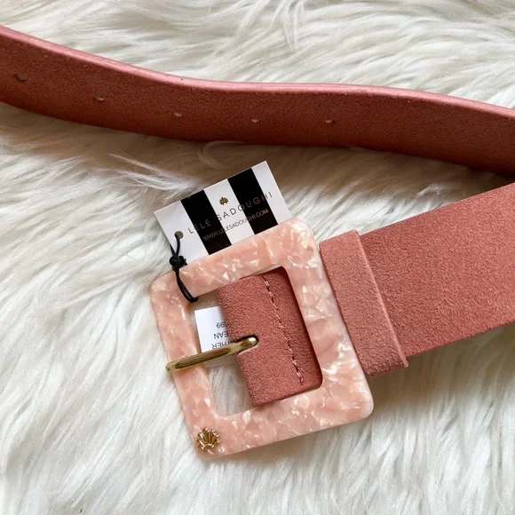 New! Very Rare LELE SADOUGHI Marble Acetate Buckle Suede Belt in Blush - Picture 5 of 9